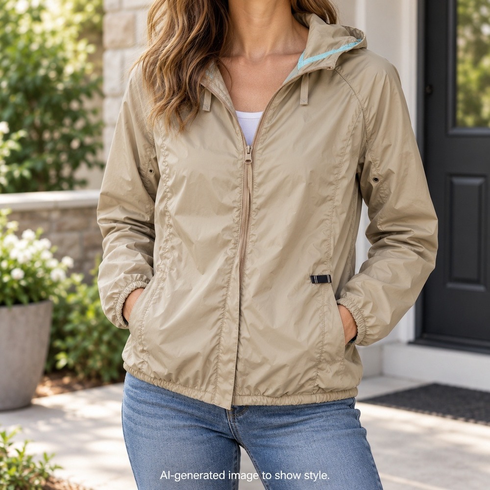 Hang Ten Outerwear Hooded Full Zip Windbreaker Jacket Women's Small Tan